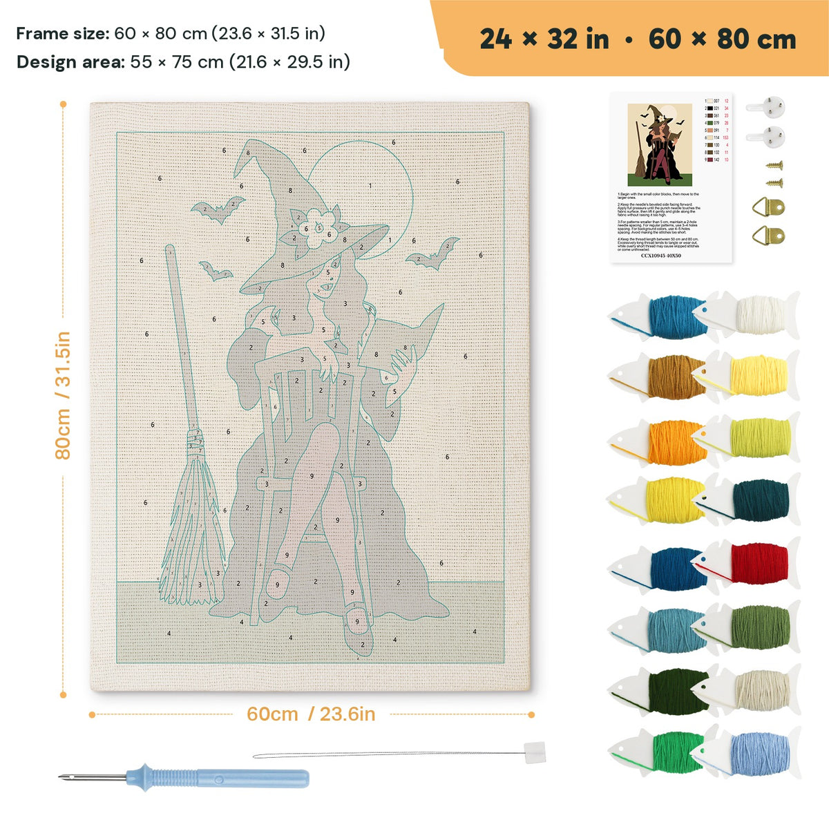 Rocking Chair Witch punch needle kit, 24 × 32 in (60 × 80 cm): canvas size and kit contents