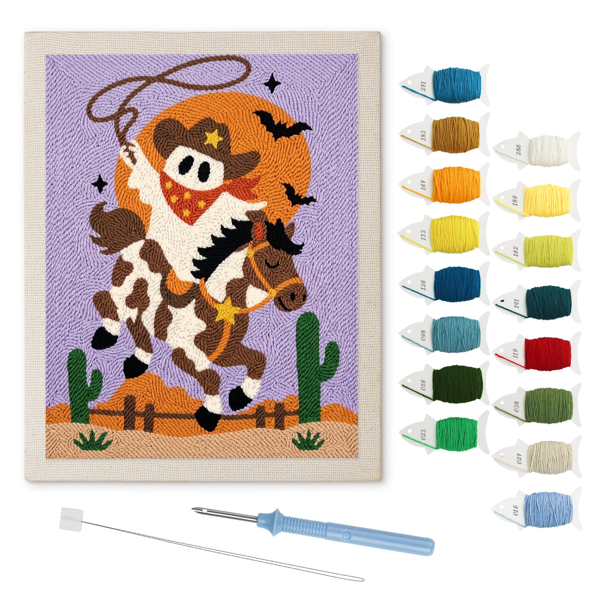 Rodeo Ghost punch needle kit: finished canvas with threads, punch needle and threader