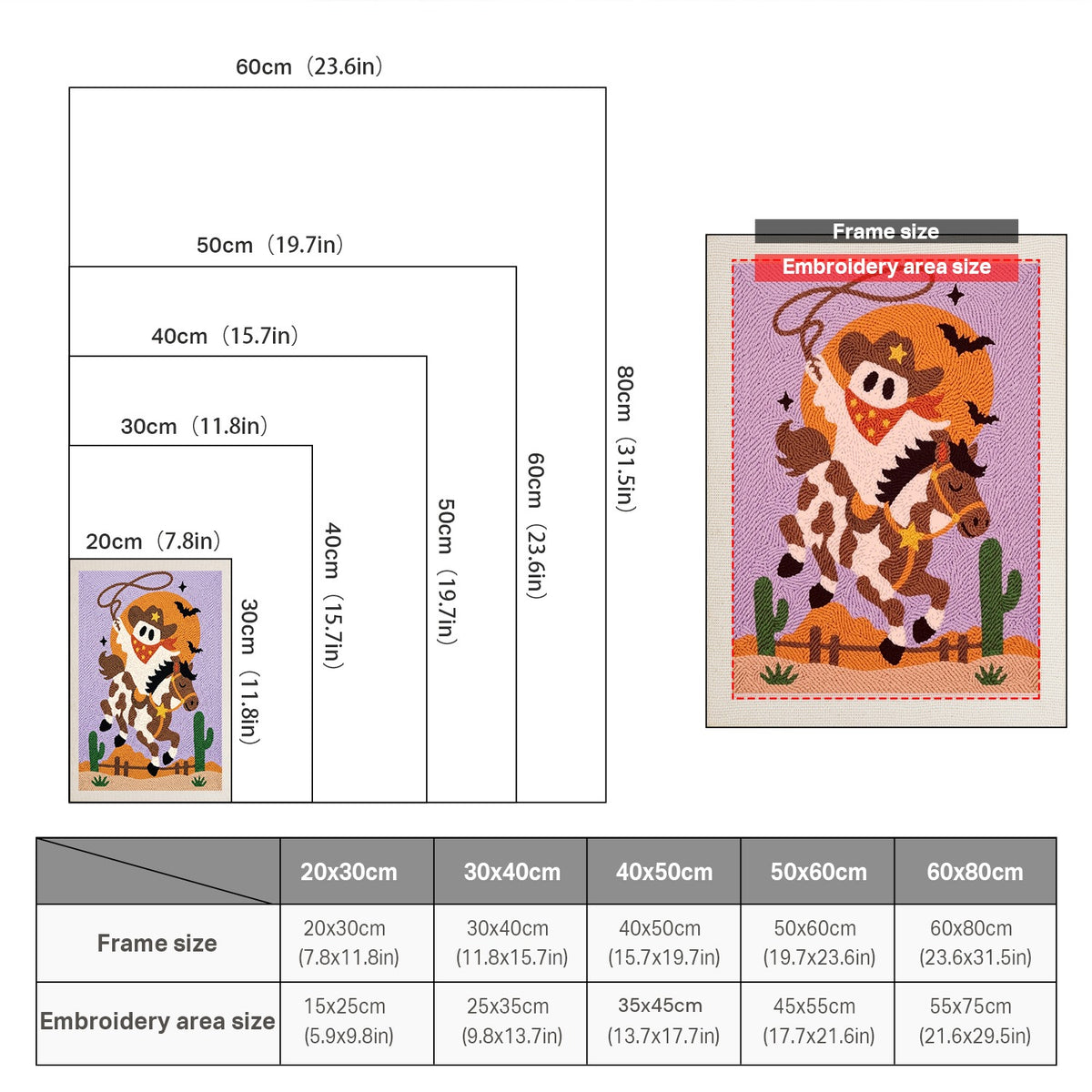 Size chart for punch needle kits from 20 x 30 cm to 60 x 80 cm