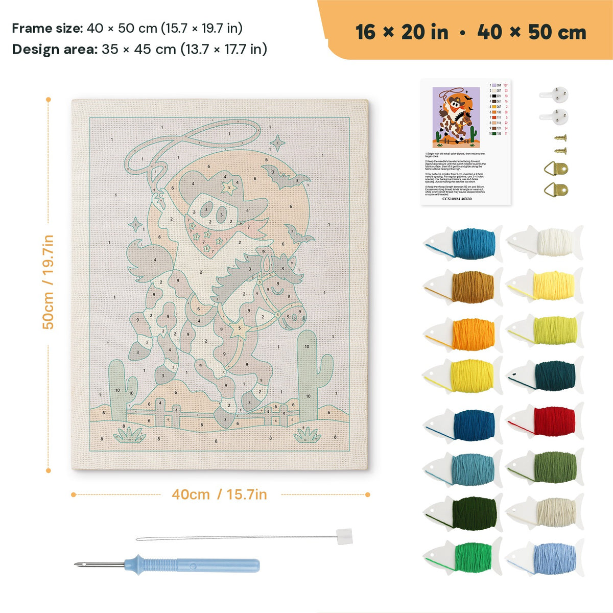 Rodeo Ghost punch needle kit, 16 × 20 in (40 × 50 cm): canvas size and kit contents