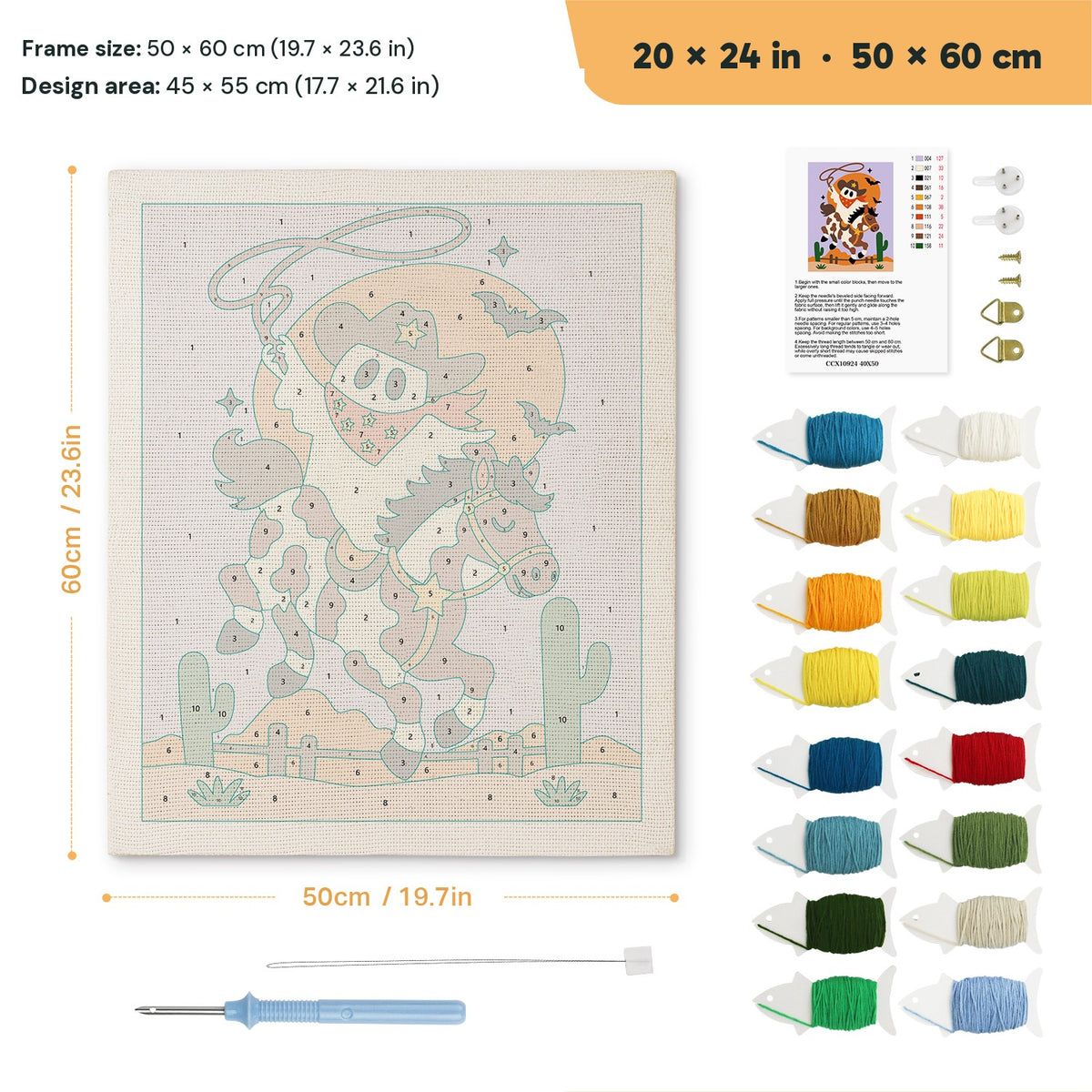 Rodeo Ghost punch needle kit, 20 × 24 in (50 × 60 cm): canvas size and kit contents