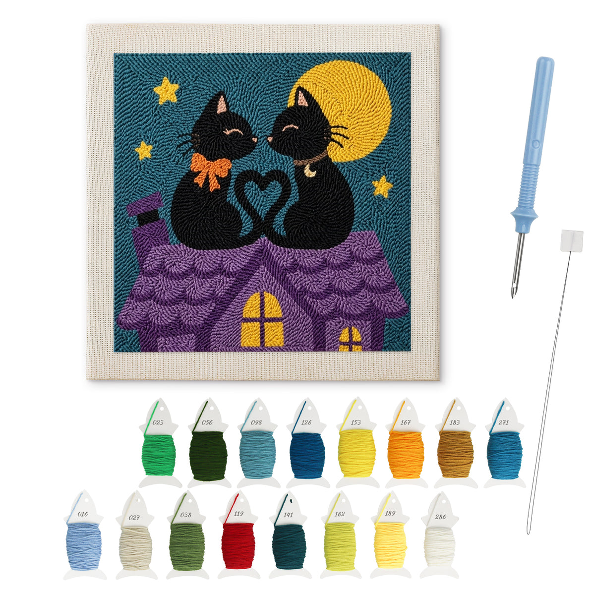 Rooftop Cats in Love punch needle kit: finished canvas with threads, punch needle and threader