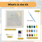 What is in the Rooftop Cats in Love kit: printed canvas, punch needle, threader, threads, color guide and hangers