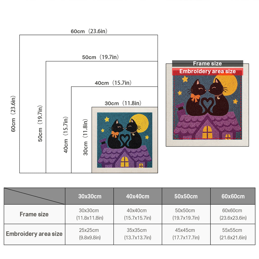 Size chart for square punch needle kits from 30 x 30 cm to 60 x 60 cm