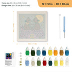 Rooftop Cats in Love punch needle kit, 12 × 12 in (30 × 30 cm): canvas size and kit contents