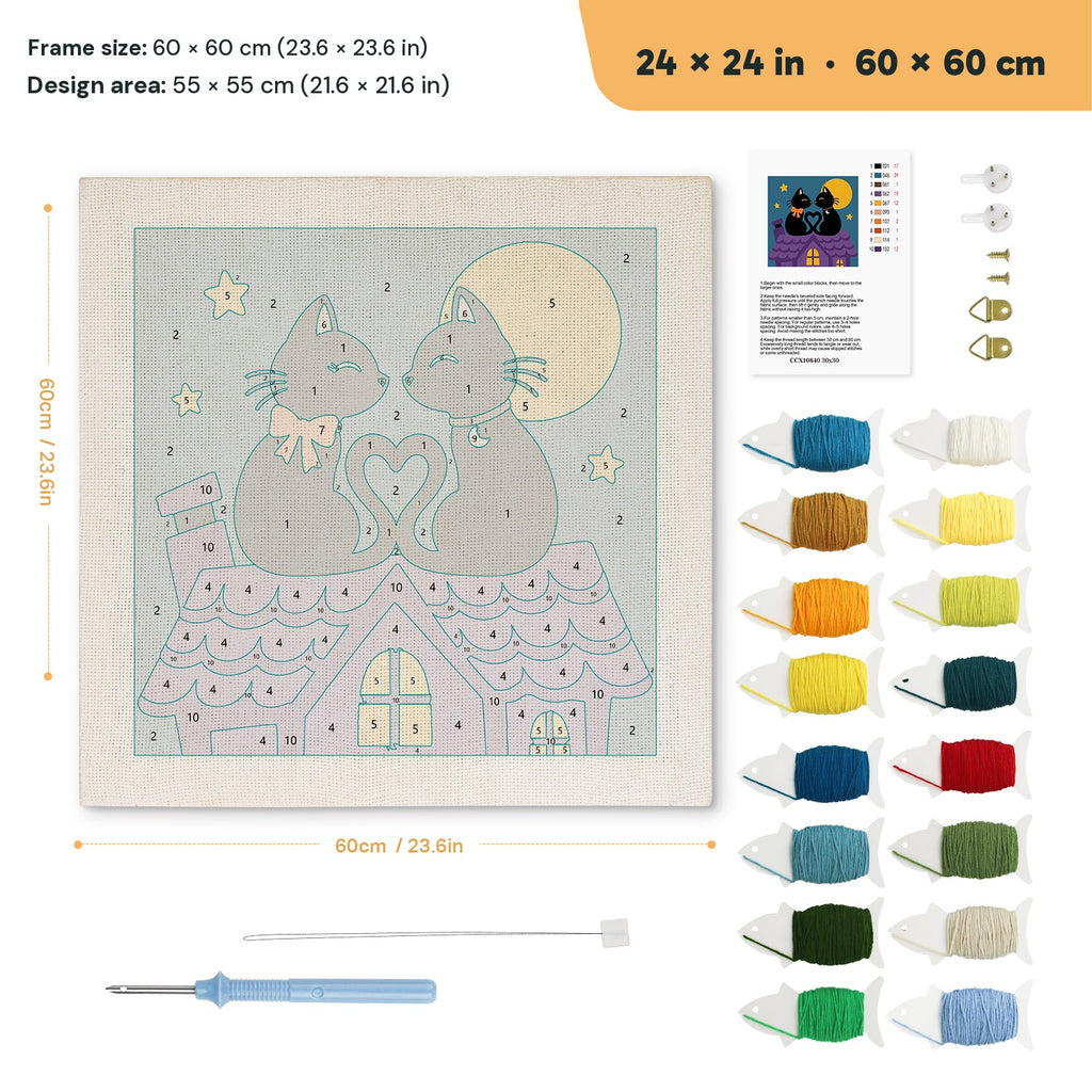 Rooftop Cats in Love punch needle kit, 24 × 24 in (60 × 60 cm): canvas size and kit contents