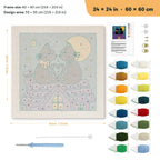 Rooftop Cats in Love punch needle kit, 24 × 24 in (60 × 60 cm): canvas size and kit contents