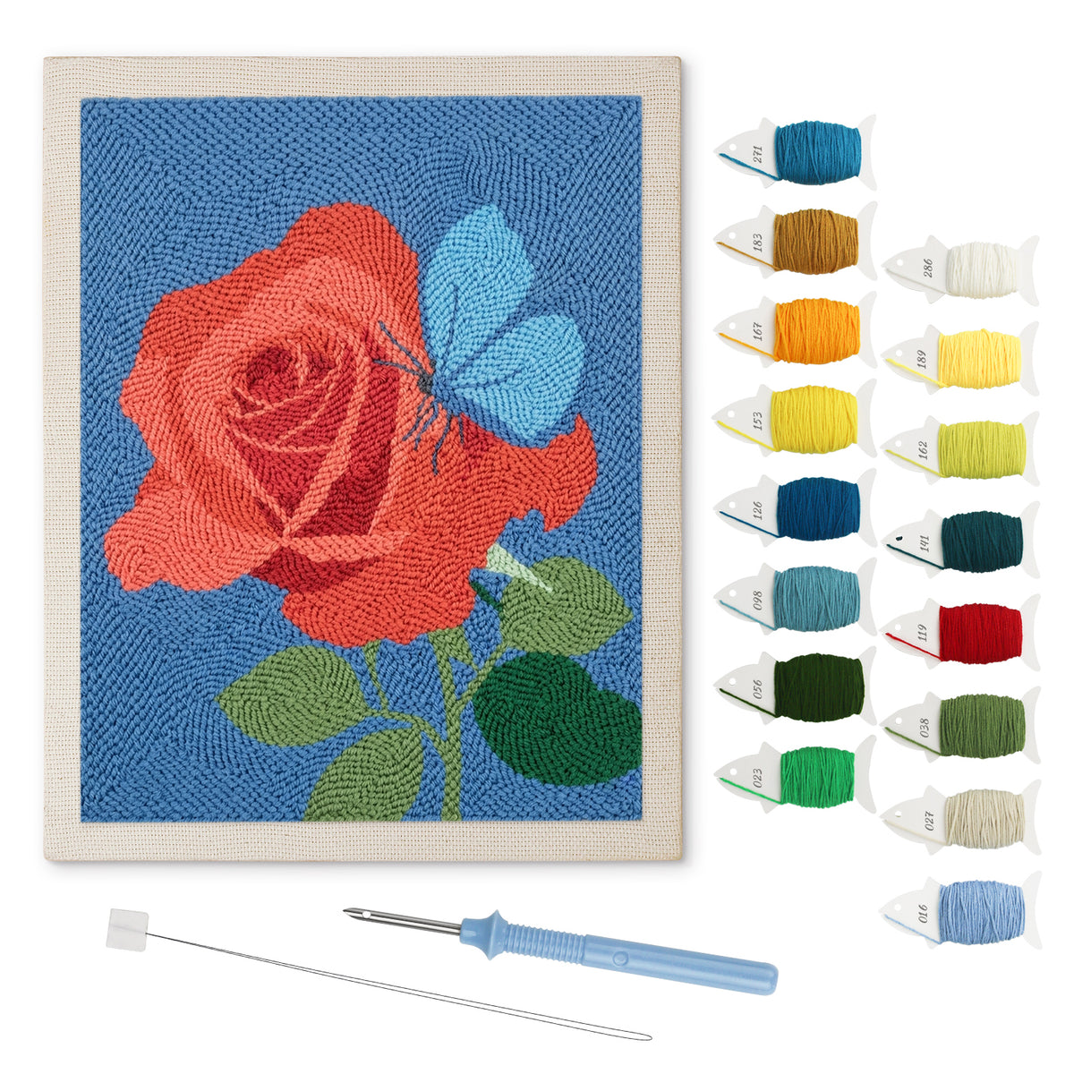 Rose and Butterfly punch needle kit: finished canvas with threads, punch needle and threader