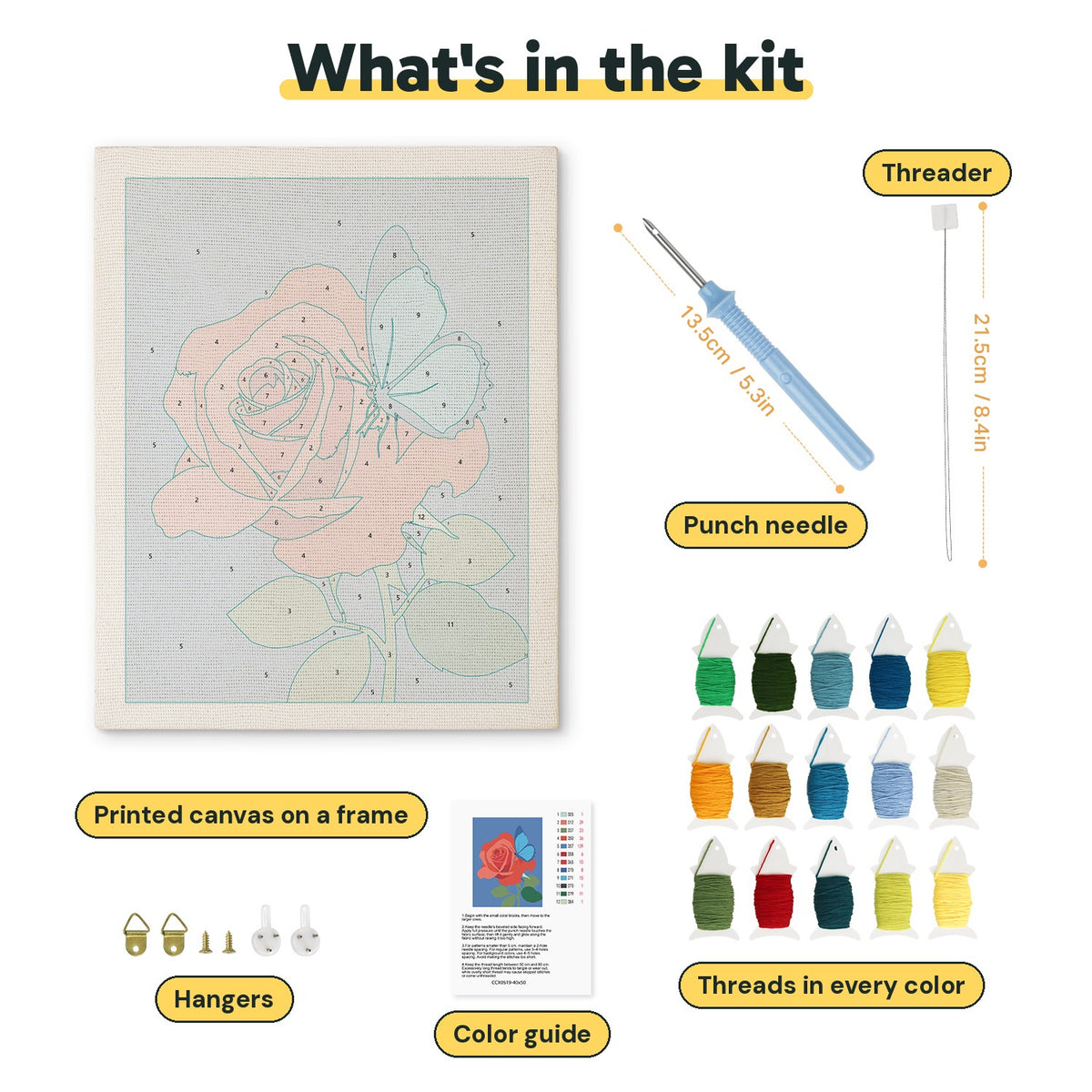 What is in the Rose and Butterfly kit: printed canvas, punch needle, threader, threads, color guide and hangers