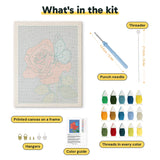 What is in the Rose and Butterfly kit: printed canvas, punch needle, threader, threads, color guide and hangers