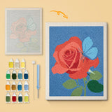 Rose and Butterfly canvas before and after punching, with the threads and tools