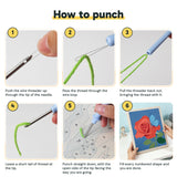 Six steps showing how to thread and use the punch needle