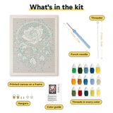 What is in the Rose Dreamcatcher kit: printed canvas, punch needle, threader, threads, color guide and hangers