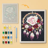 Rose Dreamcatcher canvas before and after punching, with the threads and tools