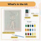 What is in the Rose Hat Witch kit: printed canvas, punch needle, threader, threads, color guide and hangers