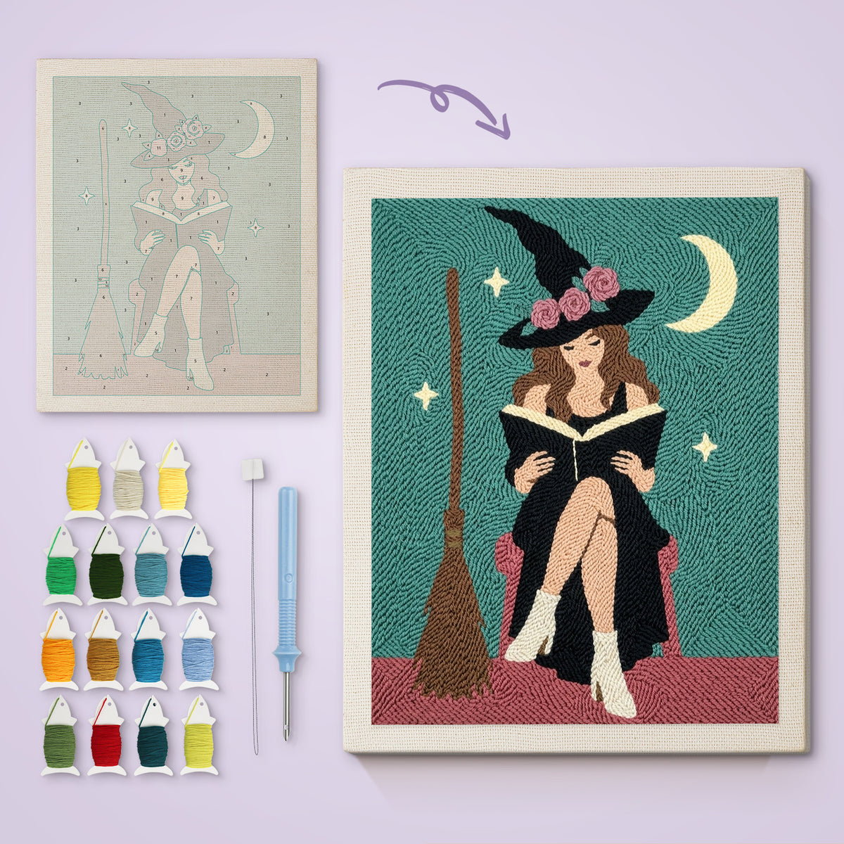 Rose Hat Witch canvas before and after punching, with the threads and tools