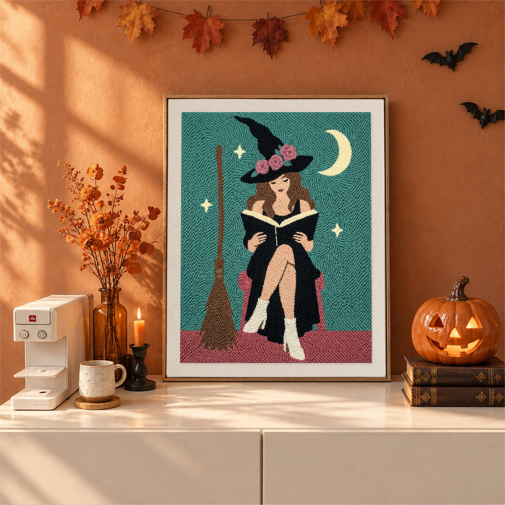 Finished Rose Hat Witch punch needle canvas on a wall