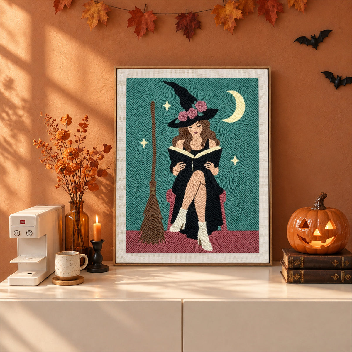 Finished Rose Hat Witch punch needle canvas on a wall