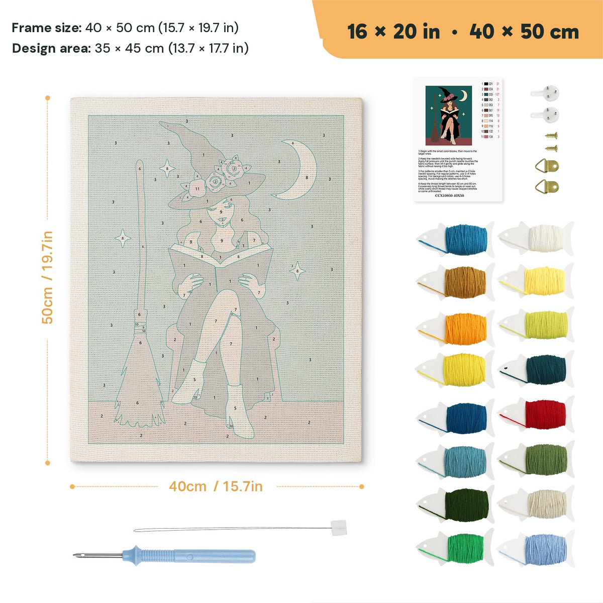 Rose Hat Witch punch needle kit, 16 × 20 in (40 × 50 cm): canvas size and kit contents