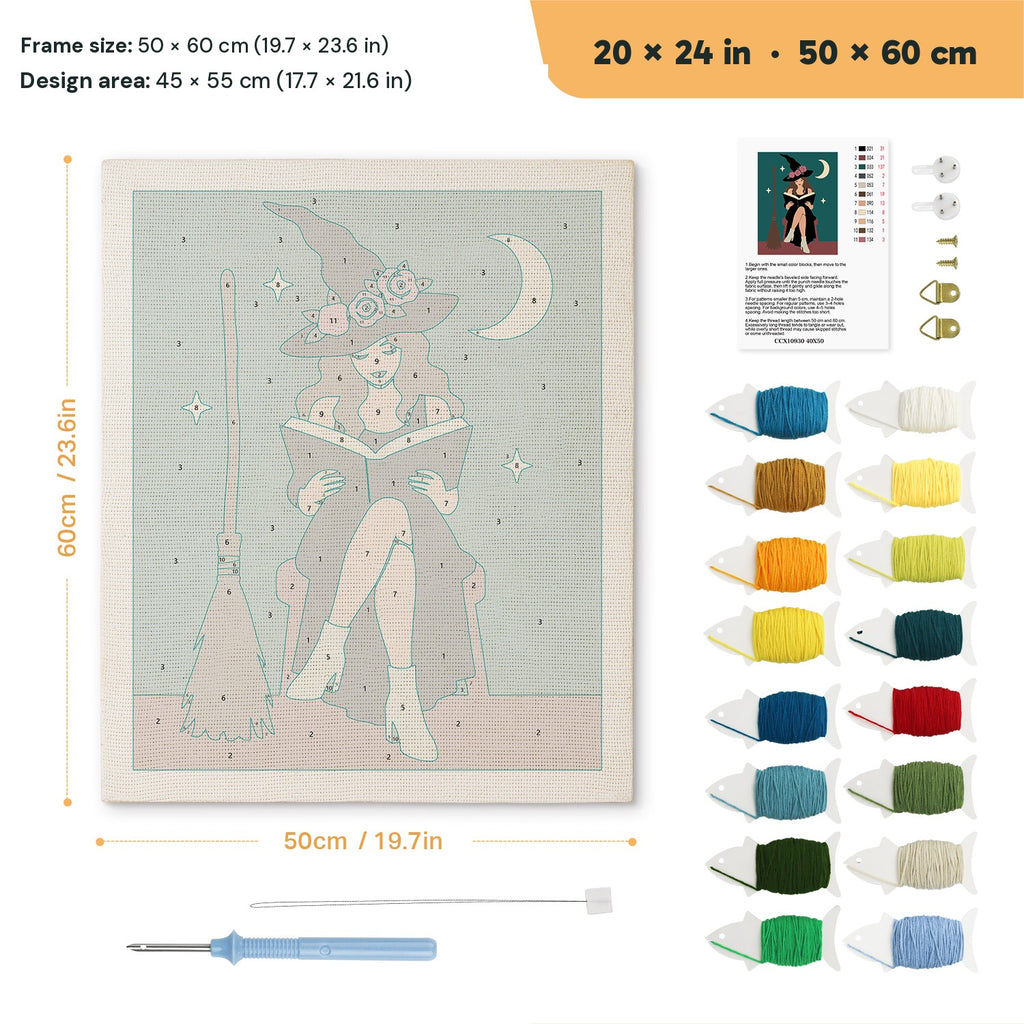 Rose Hat Witch punch needle kit, 20 × 24 in (50 × 60 cm): canvas size and kit contents