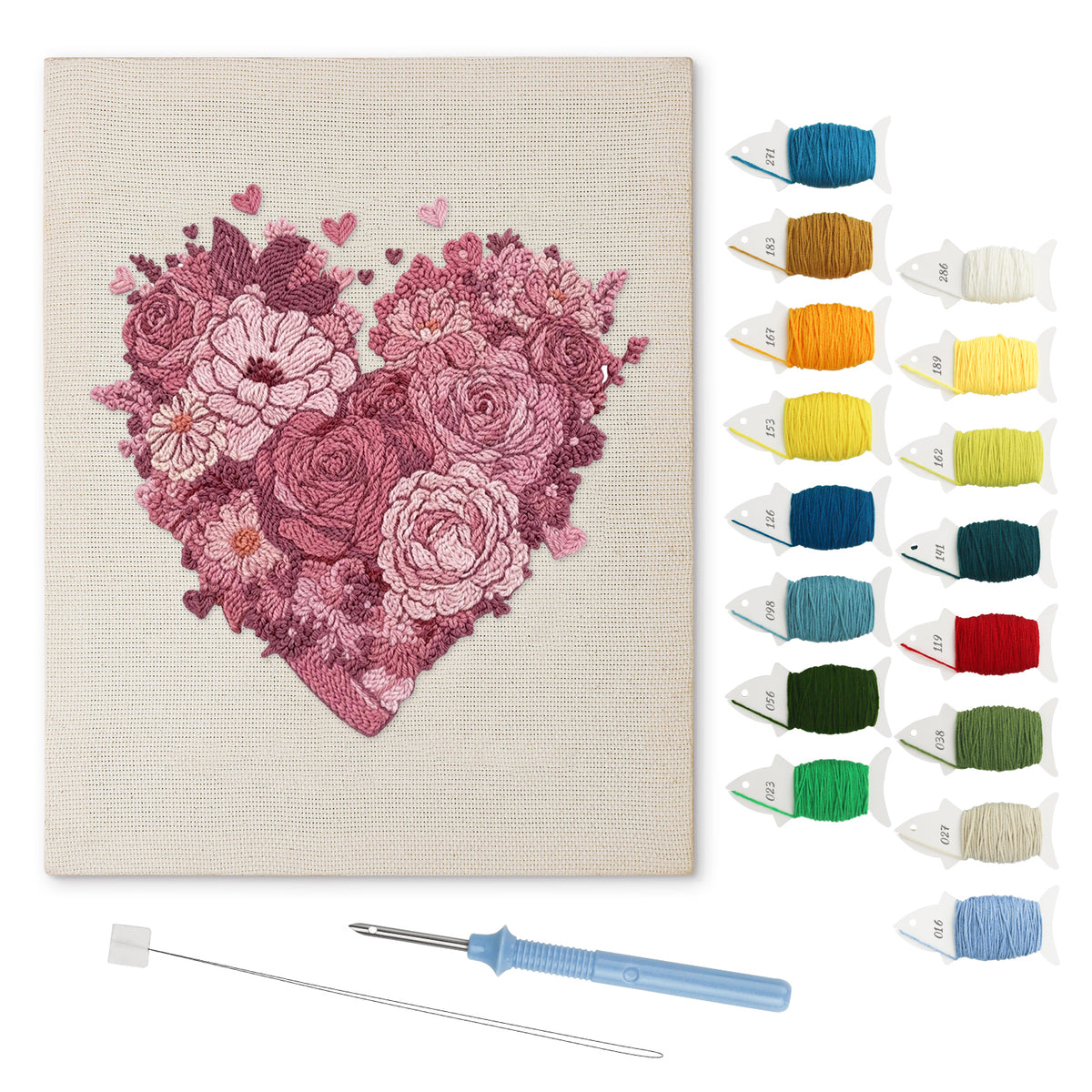 Rose Heart punch needle kit: finished canvas with threads, punch needle and threader