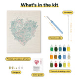 What is in the Rose Heart kit: printed canvas, punch needle, threader, threads, color guide and hangers
