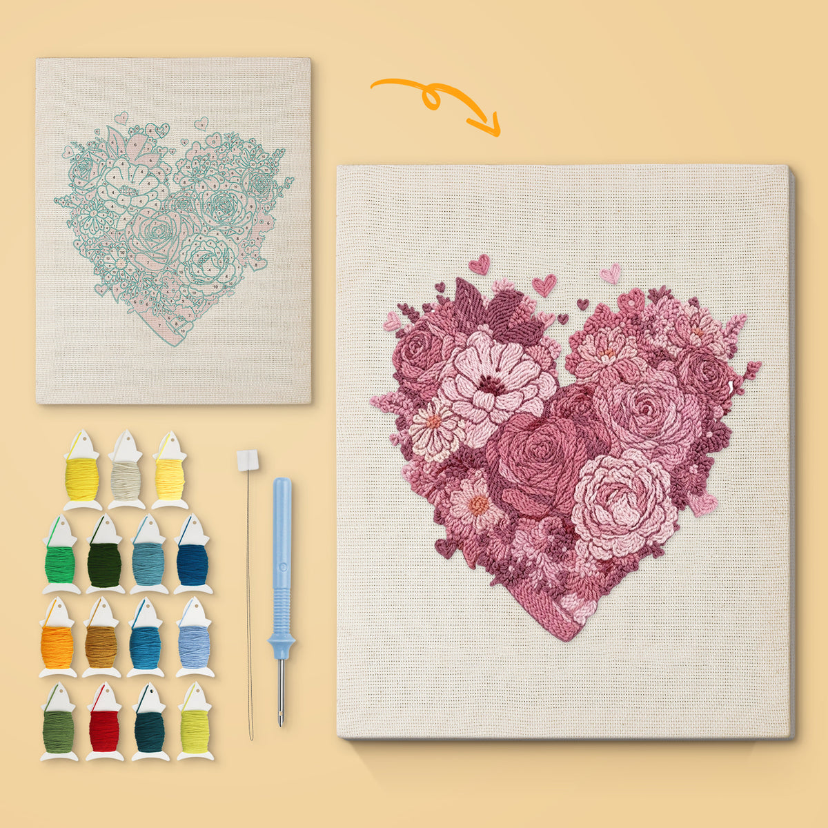 Rose Heart canvas before and after punching, with the threads and tools