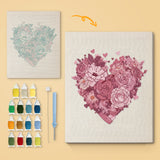 Rose Heart canvas before and after punching, with the threads and tools