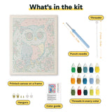 What is in the Rosy Blue Owl kit: printed canvas, punch needle, threader, threads, color guide and hangers