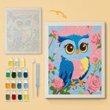 Rosy Blue Owl canvas before and after punching, with the threads and tools