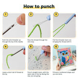 Six steps showing how to thread and use the punch needle