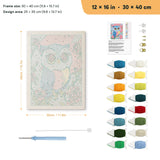 Rosy Blue Owl punch needle kit, 12 × 16 in (30 × 40 cm): canvas size and kit contents