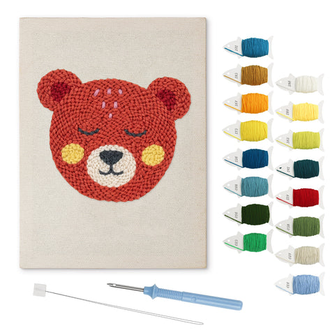 Rosy Cheek Bear punch needle kit: finished canvas with threads, punch needle and threader