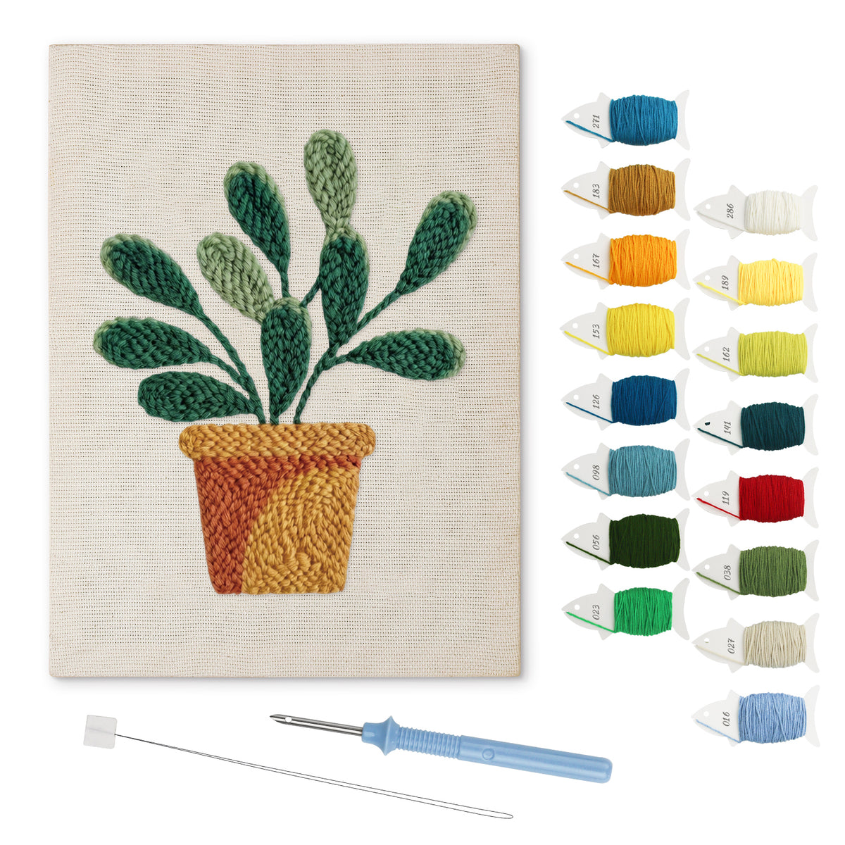 Round Leaf Plant punch needle kit: finished canvas with threads, punch needle and threader