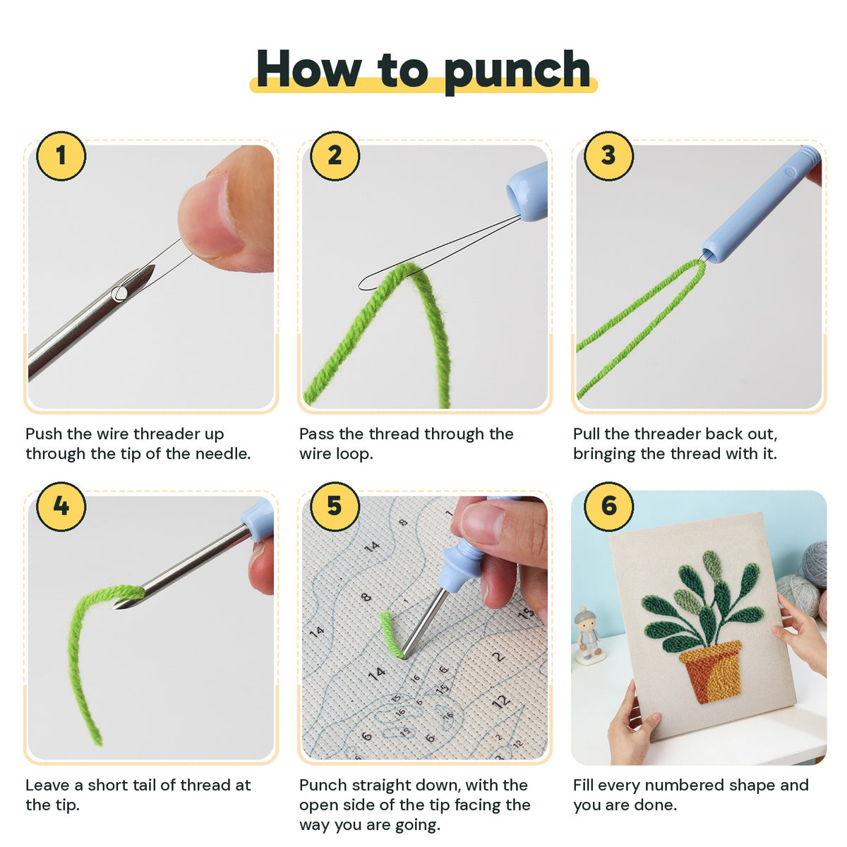 Six steps showing how to thread and use the punch needle