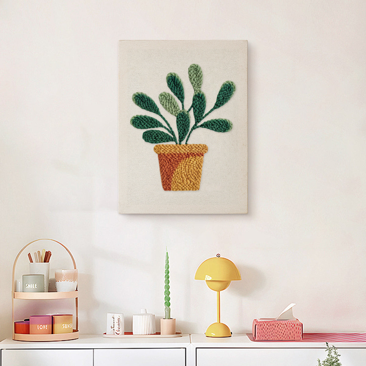Finished Round Leaf Plant punch needle canvas on a wall