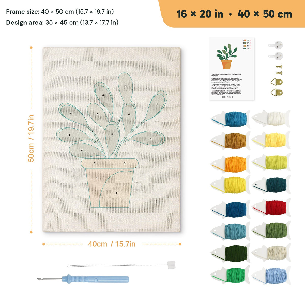 Round Leaf Plant punch needle kit, 16 × 20 in (40 × 50 cm): canvas size and kit contents