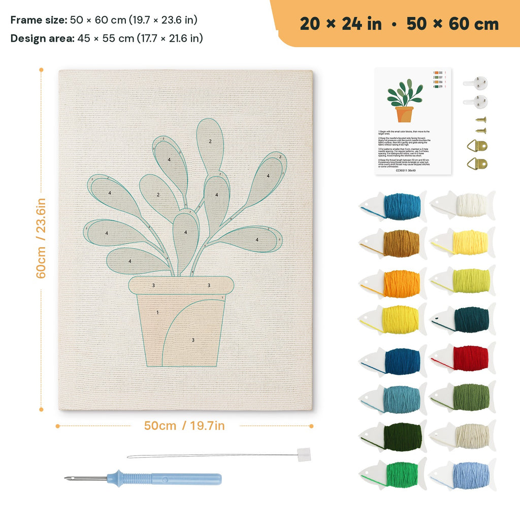 Round Leaf Plant punch needle kit, 20 × 24 in (50 × 60 cm): canvas size and kit contents