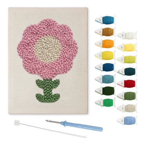 Round Pink Bloom punch needle kit: finished canvas with threads, punch needle and threader