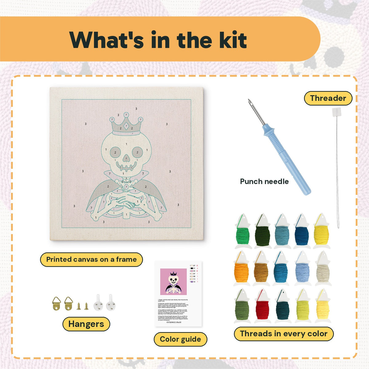 What is in the Royal Skeleton kit: printed canvas, punch needle, threader, threads, color guide and hangers