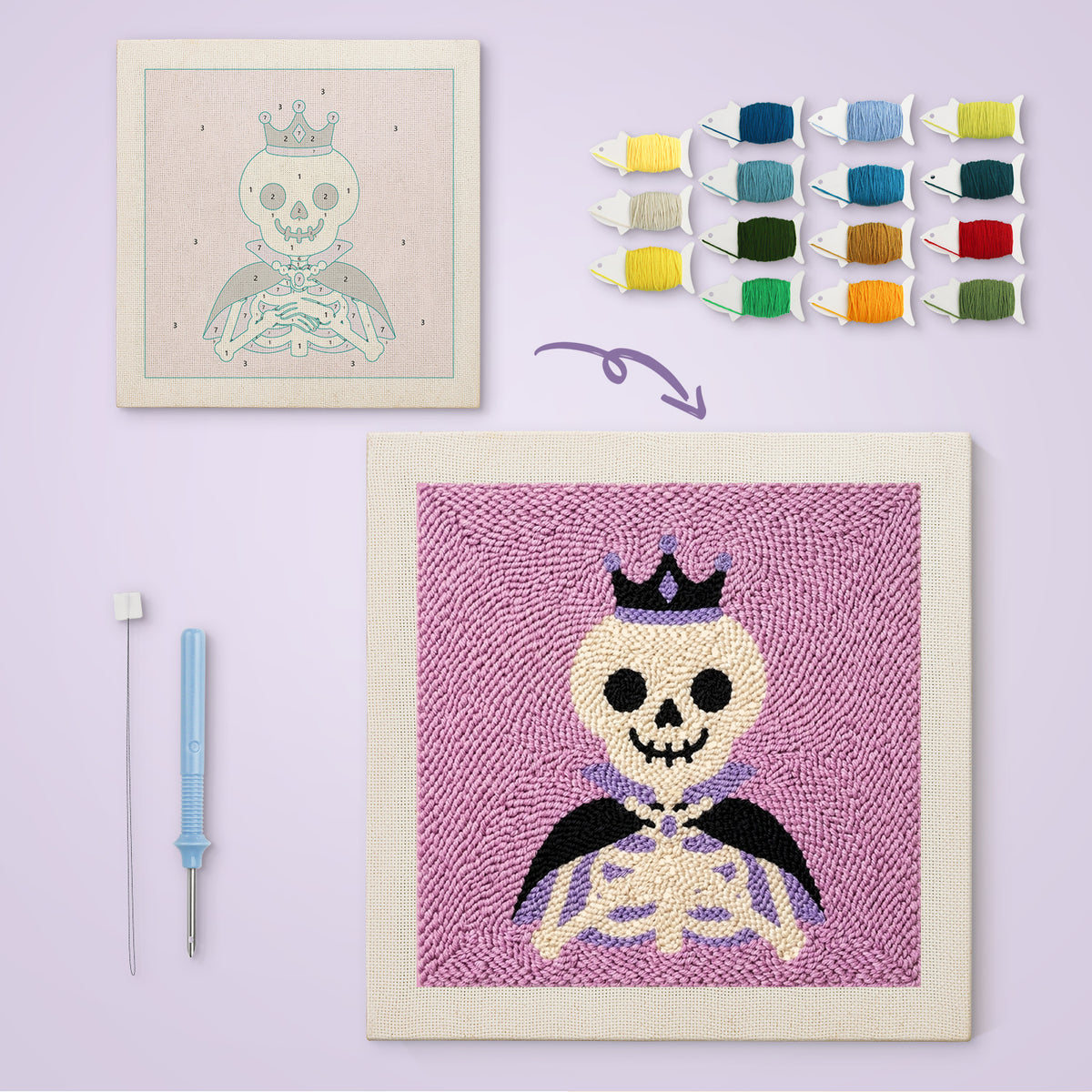 Royal Skeleton canvas before and after punching, with the threads and tools