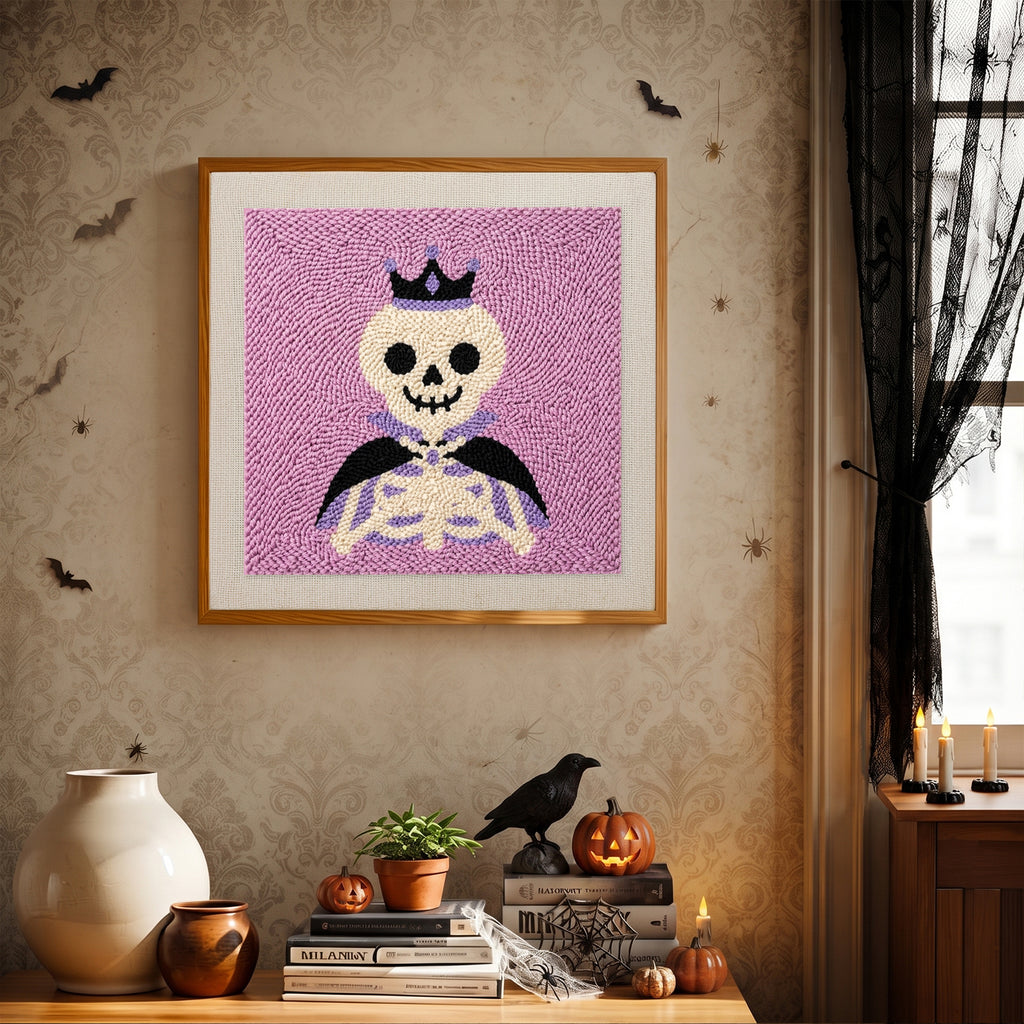 Finished Royal Skeleton punch needle canvas on a wall