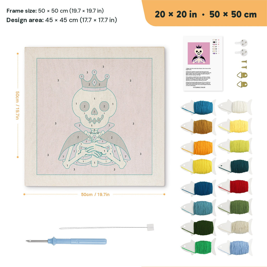 Royal Skeleton punch needle kit, 20 × 20 in (50 × 50 cm): canvas size and kit contents