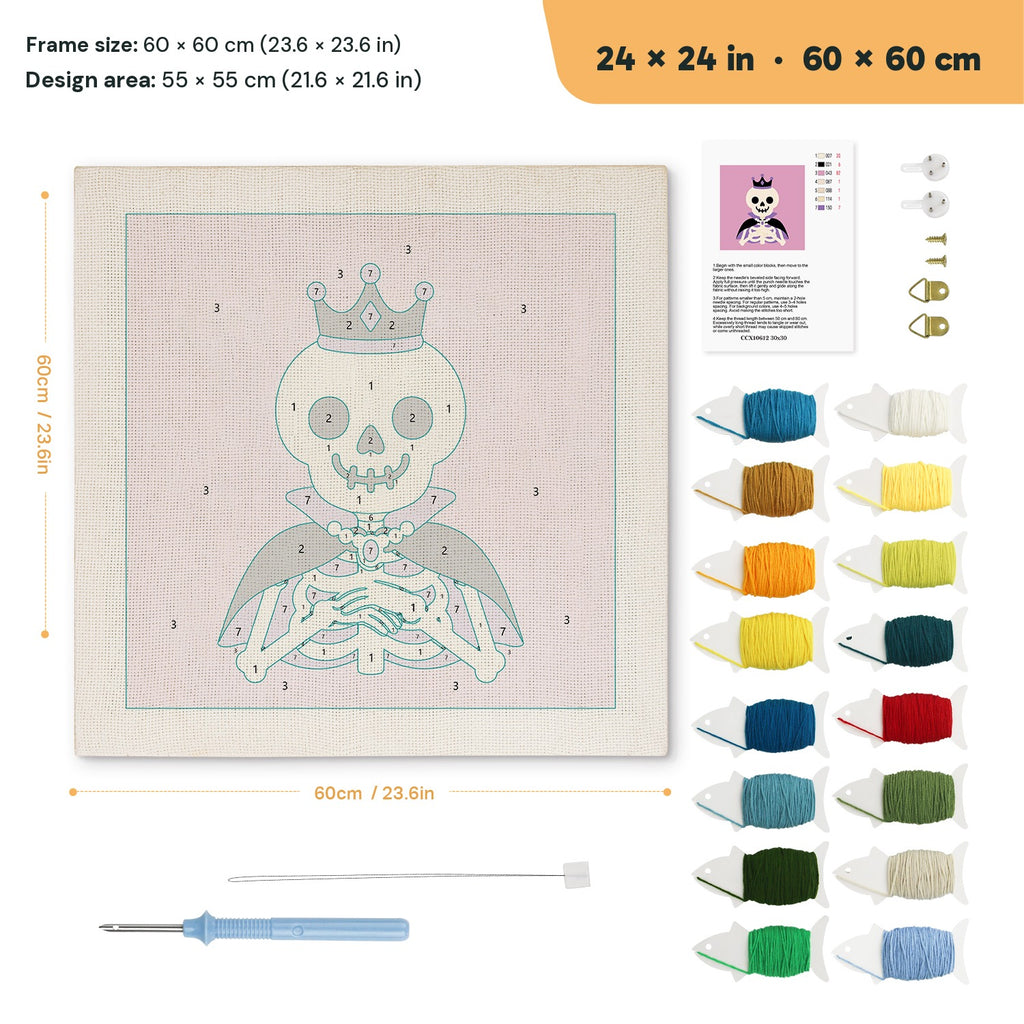 Royal Skeleton punch needle kit, 24 × 24 in (60 × 60 cm): canvas size and kit contents