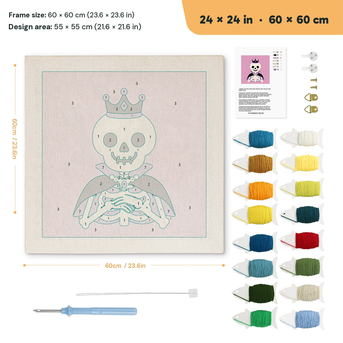 Royal Skeleton punch needle kit, 24 × 24 in (60 × 60 cm): canvas size and kit contents