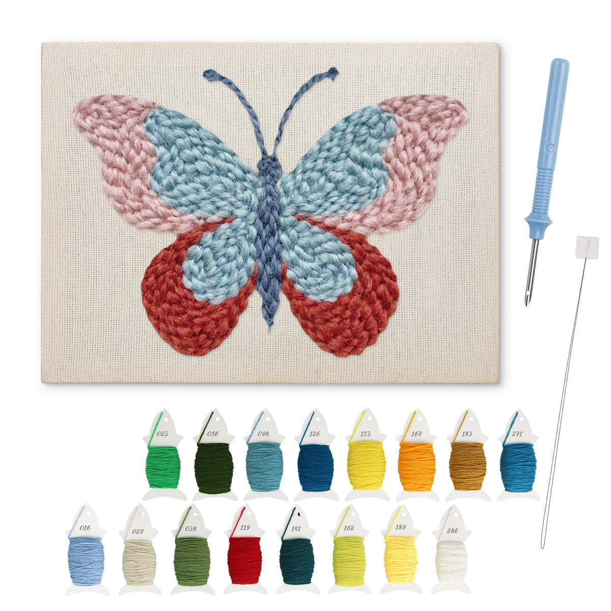 Ruby Wing Butterfly punch needle kit: finished canvas with threads, punch needle and threader