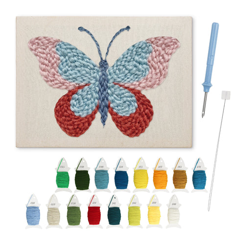 Ruby Wing Butterfly punch needle kit: finished canvas with threads, punch needle and threader