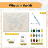 What is in the Ruby Wing Butterfly kit: printed canvas, punch needle, threader, threads, color guide and hangers
