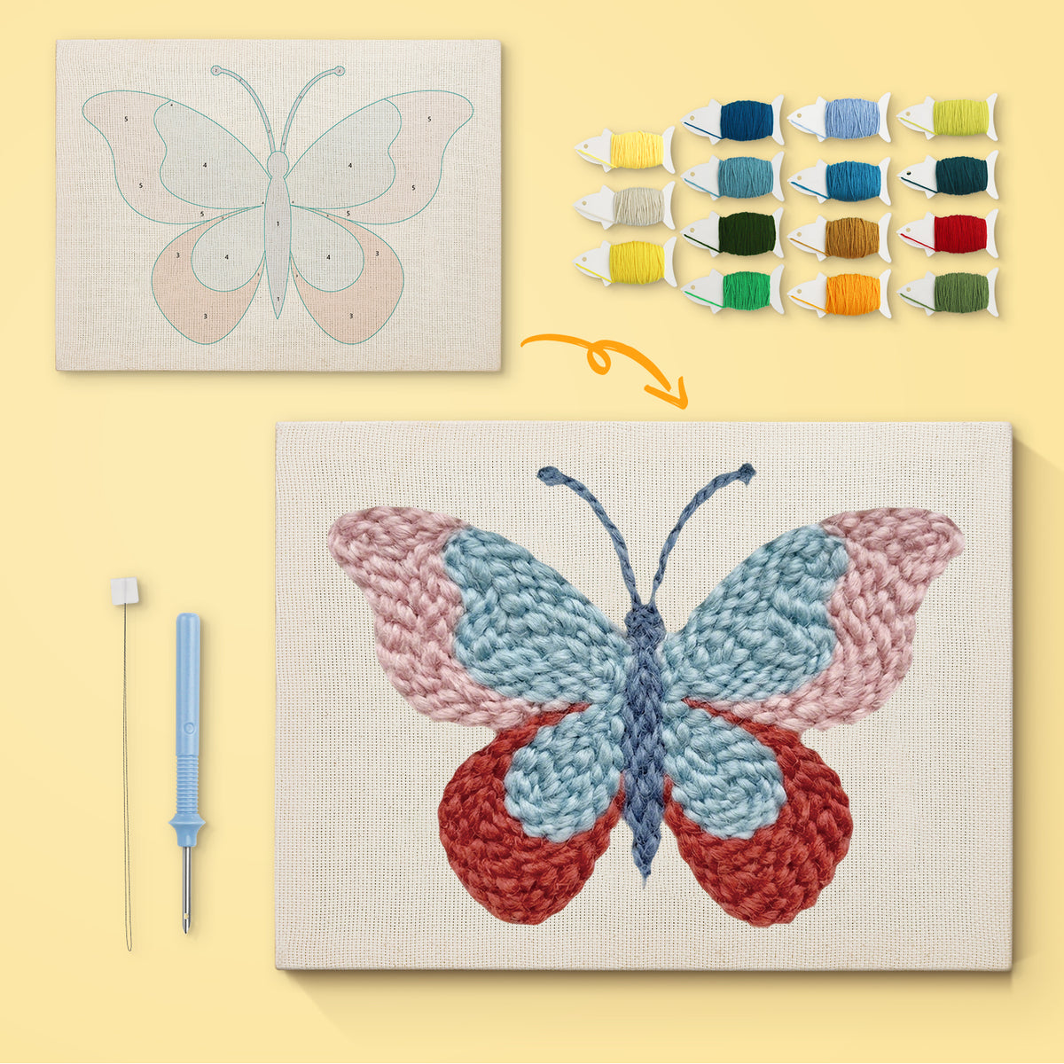 Ruby Wing Butterfly canvas before and after punching, with the threads and tools