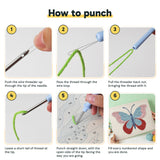 Six steps showing how to thread and use the punch needle